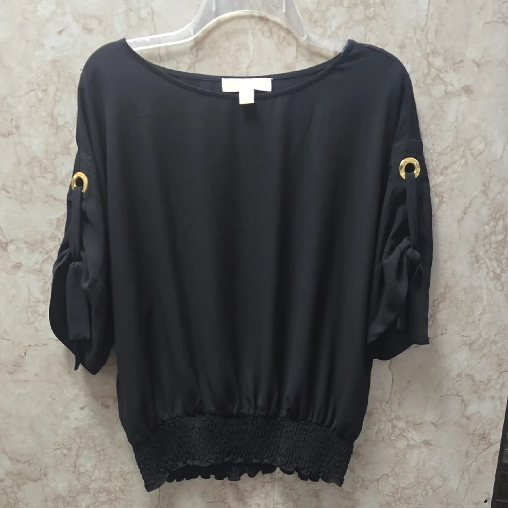 Women's Black Blouson Top with Gold Accent - Picture 1 of 6